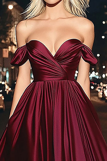 Burgunder A Line Off The Shoulder Lang Sateng Ballkjole